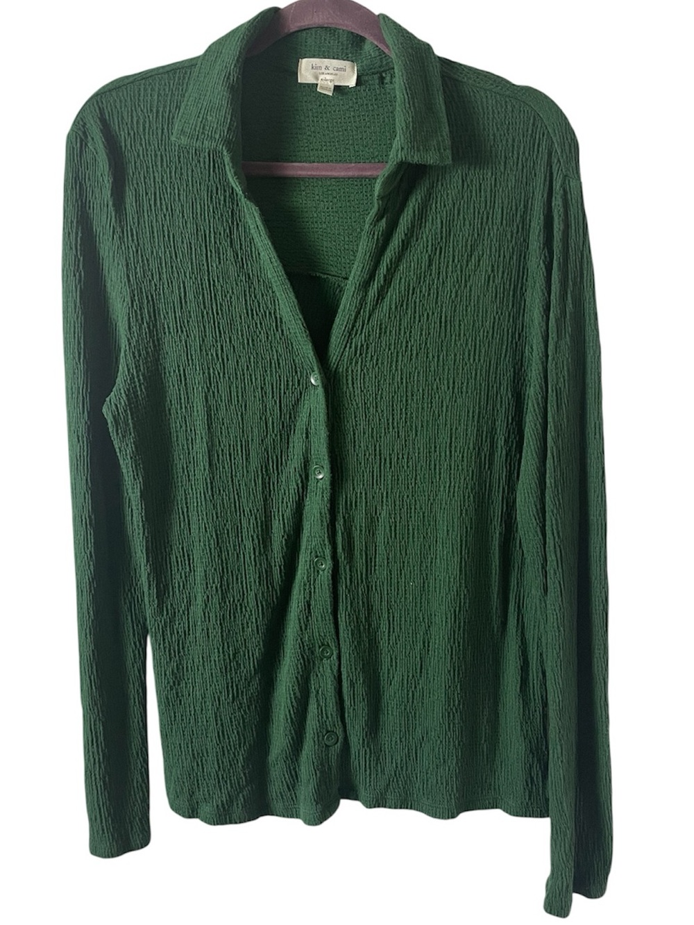 Kim & Cami XL Green Textured Button Front Stretch Lounge Casual Boho Blouse Top